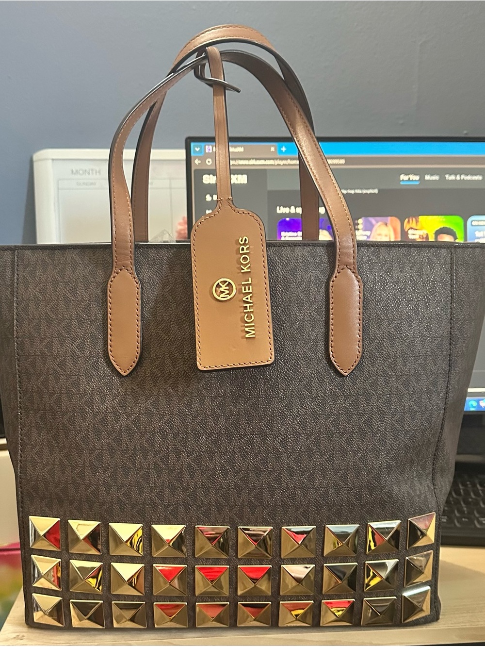 Michael Kors Brown and Tan Tote with Gold Studs